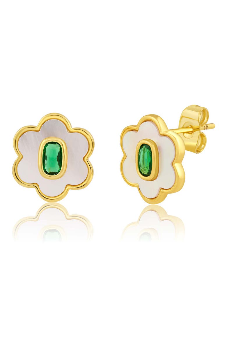 Mother-of-Pearl & Cubic Zirconia Flower Stud Earrings, Main, color, GREEN