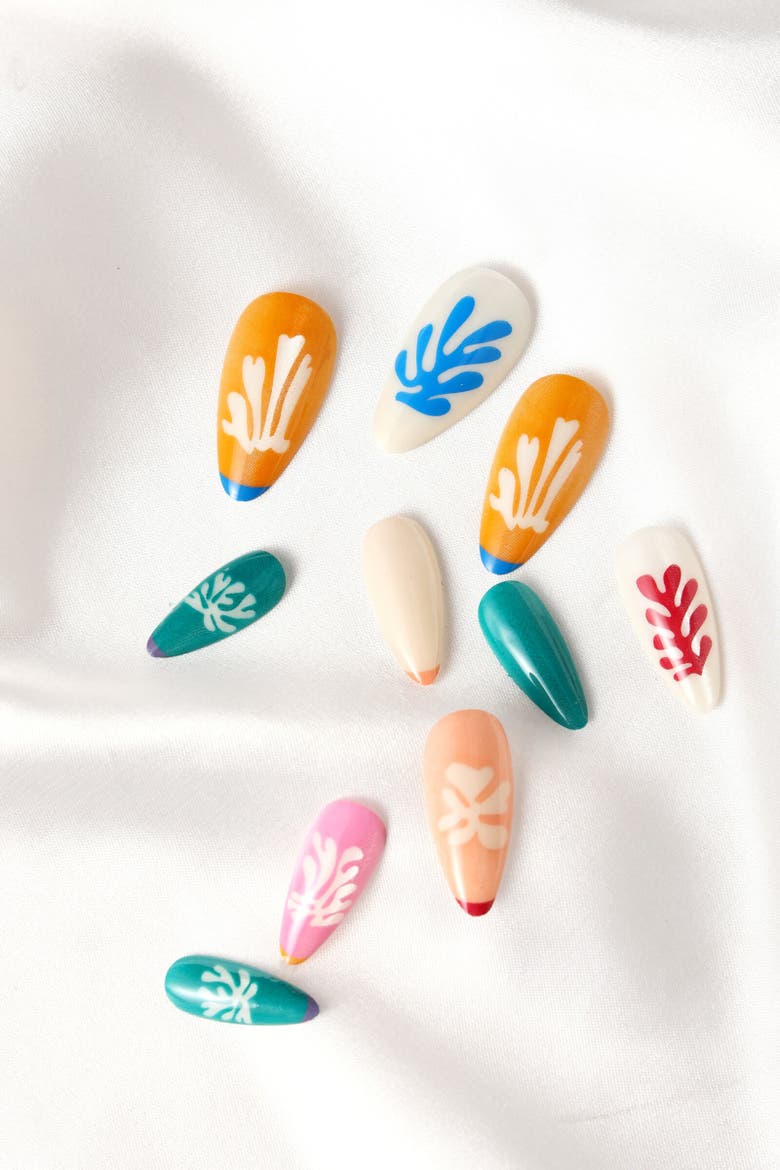 Henri Matisse Snow Flowers Almond Press On Nails, Alternate, color, Vibrant Pink