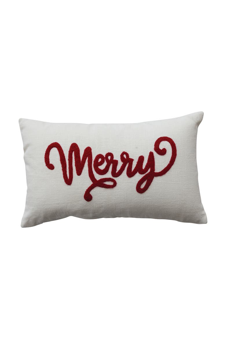 Cotton Slub Lumbar Pillow with Embroidered "Merry", Main, color, Natural and Red
