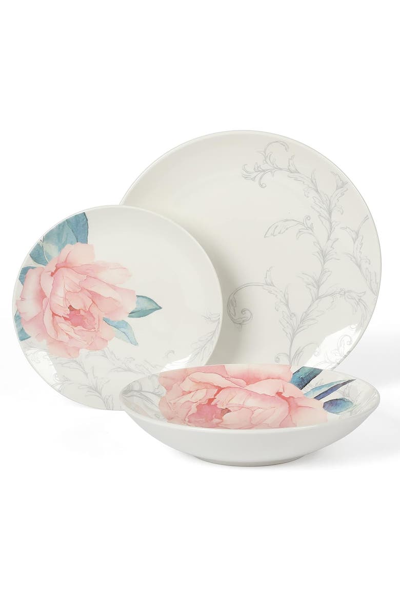 Peony 12 piece Round Fine Ceramic Dinnerware Set, Alternate, color, White and Pink