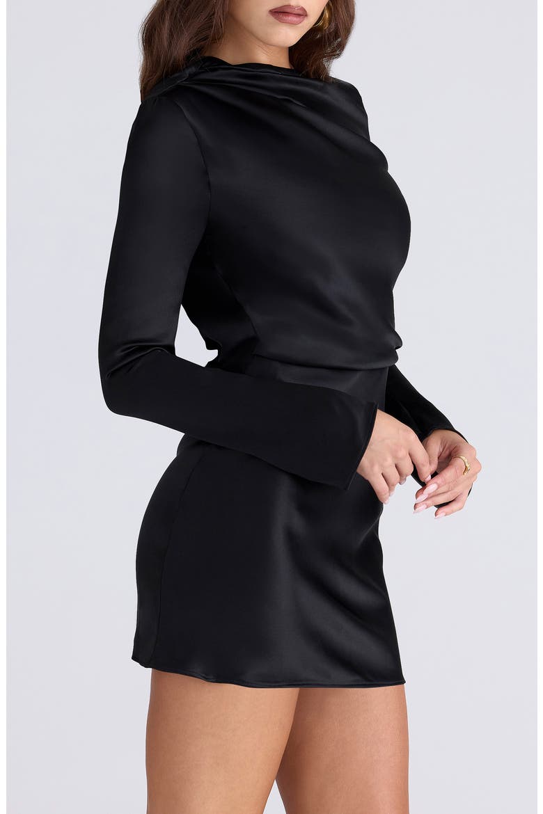 Mariska Open Back Long Sleeve Satin Cocktail Minidress, Alternate, color, BLACK