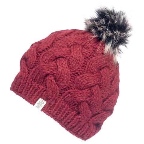 Hand knit merino wool burgundy beanie hat orders with lux faux fur pom burgundy women teen