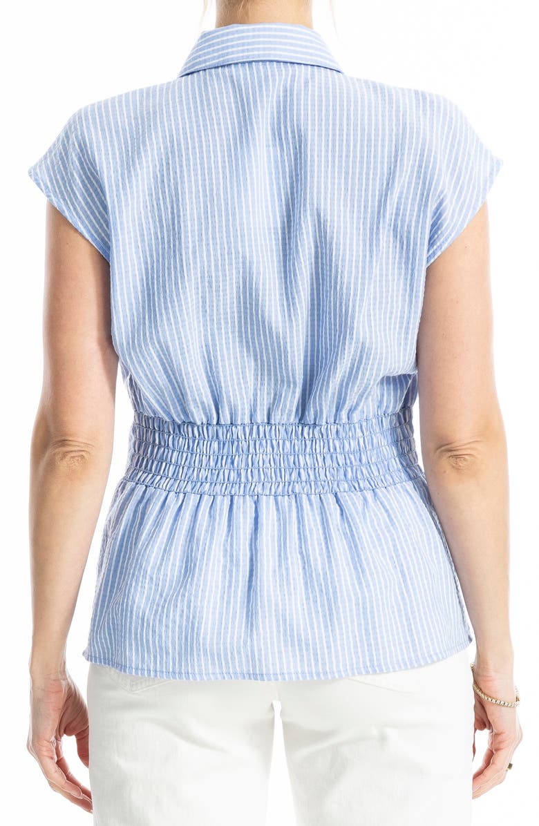 Stripe Cap Sleeve Pintucked Waist Button-Up Shirt