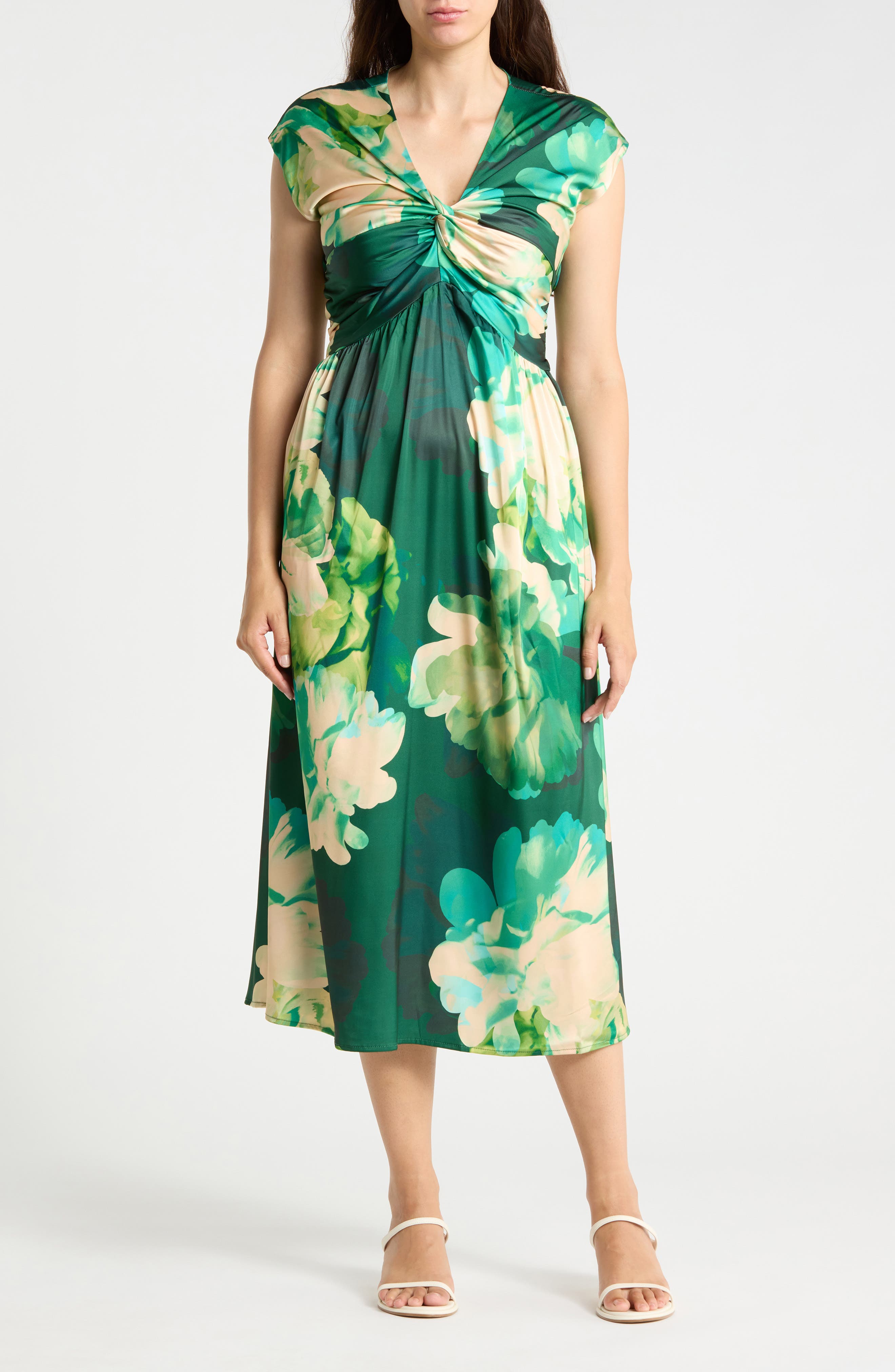 Floral Twist Front Satin Midi Dress