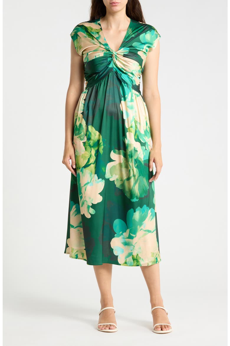 Floral Twist Front Satin Midi Dress, Main, color, GREEN