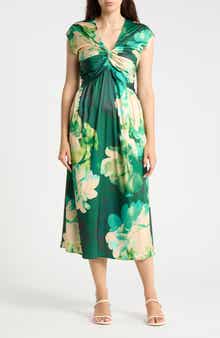 Floral Twist Front Satin Midi Dress