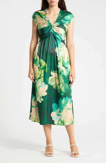 Floral Twist Front Satin Midi Dress