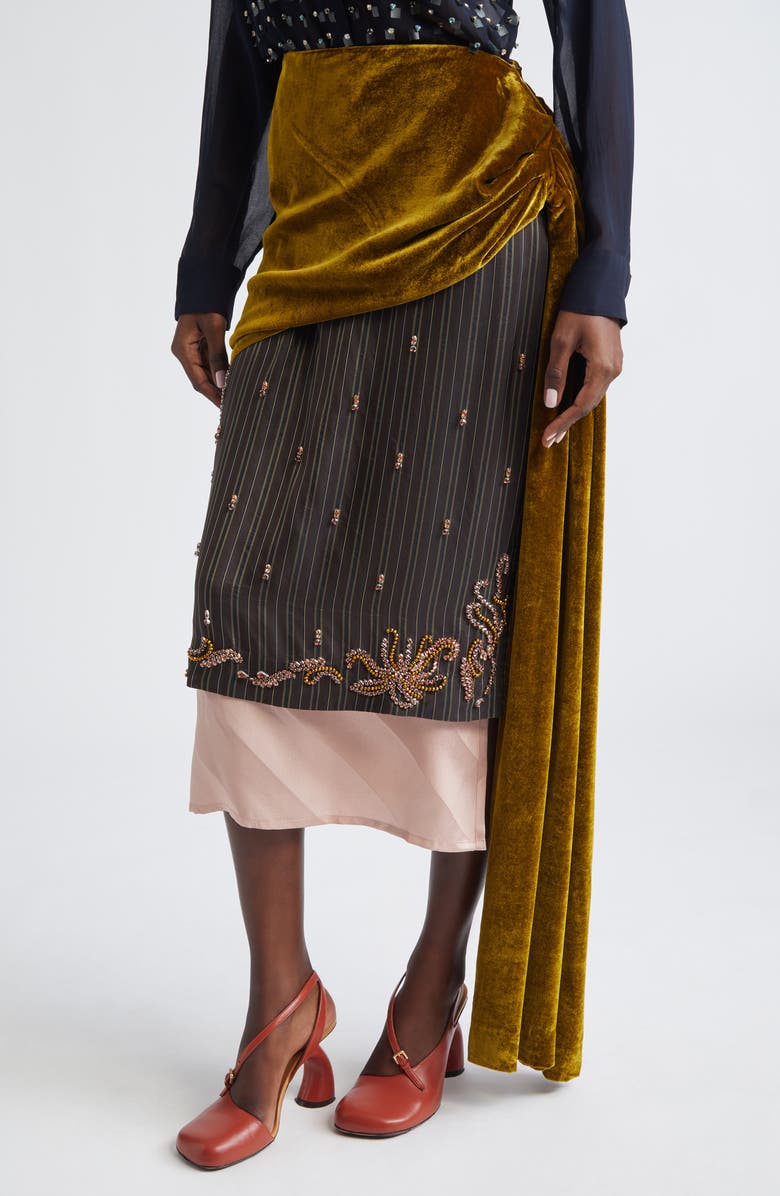 Dries Van Noten Senice Embellished Mixed Media Midi Skirt, Alternate, color,