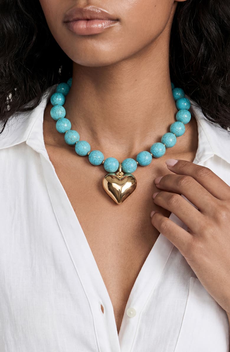 Ettika Chunky Beaded Heart Pendant Necklace, Alternate, color, Turquoise