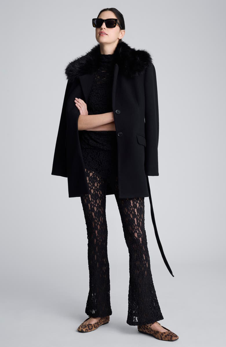 Kenneth Cole Belted Jacket with Faux Fur Collar, Alternate, color, Black