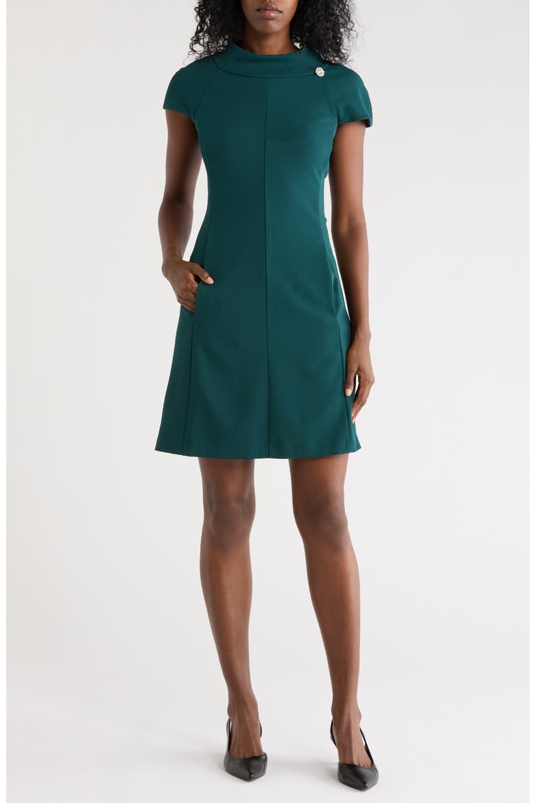 Mock Neck Cap Sleeve A-Line Dress, Main, color, HUNTER