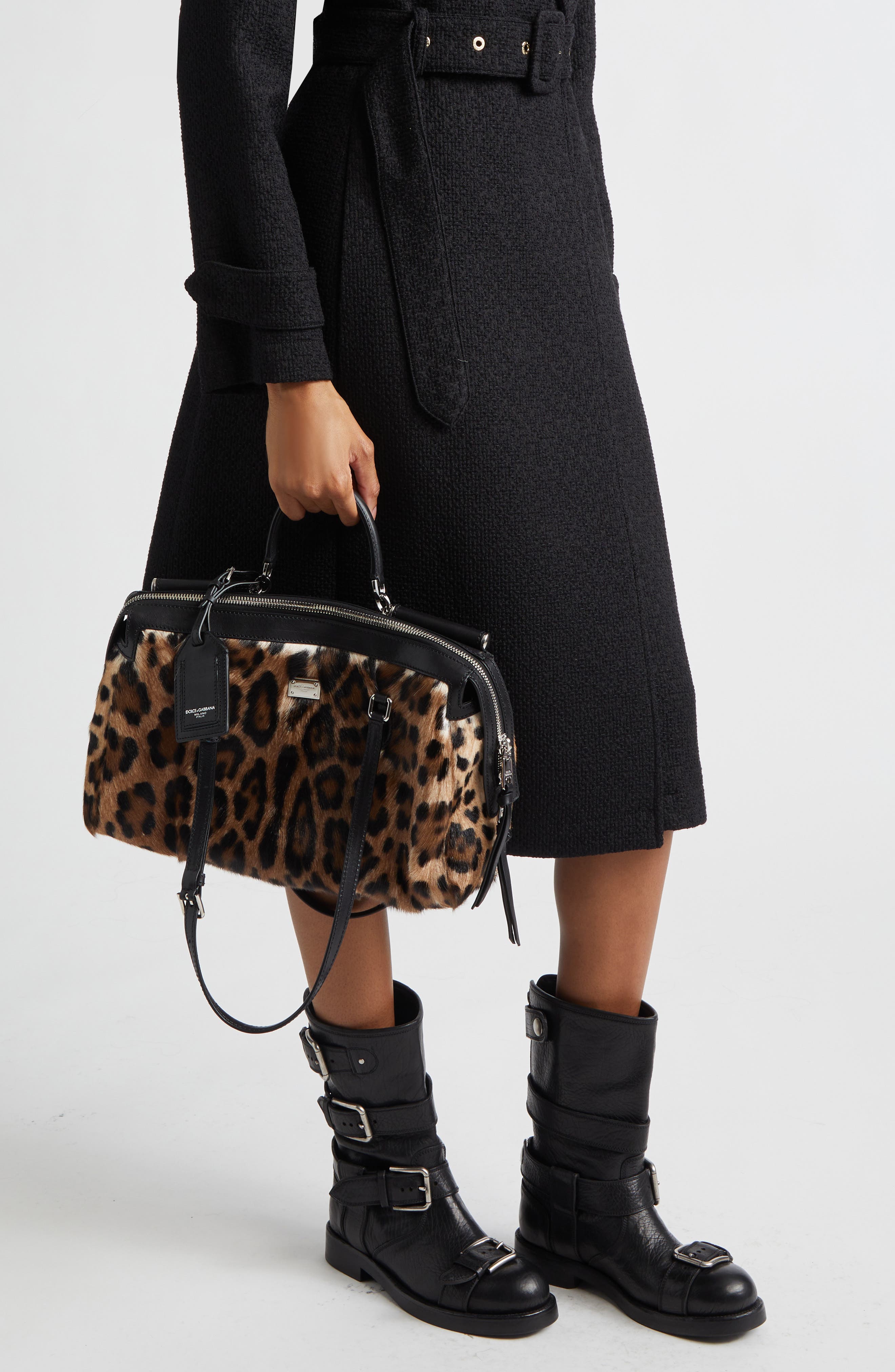 Dolce&Gabbana Rumble Leopard Print Genuine Calf Hair Satchel, Alternate, color, 89738 Leo/ Nero