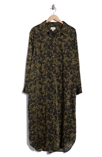 Nordstrom Rack Long Sleeve Textured Satin Shirtdress In Green