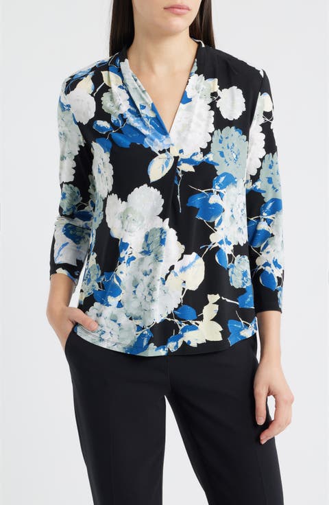 AK ANNE KLEIN Print Pleat Three-Quarter Sleeve Top (Regular & Petite)