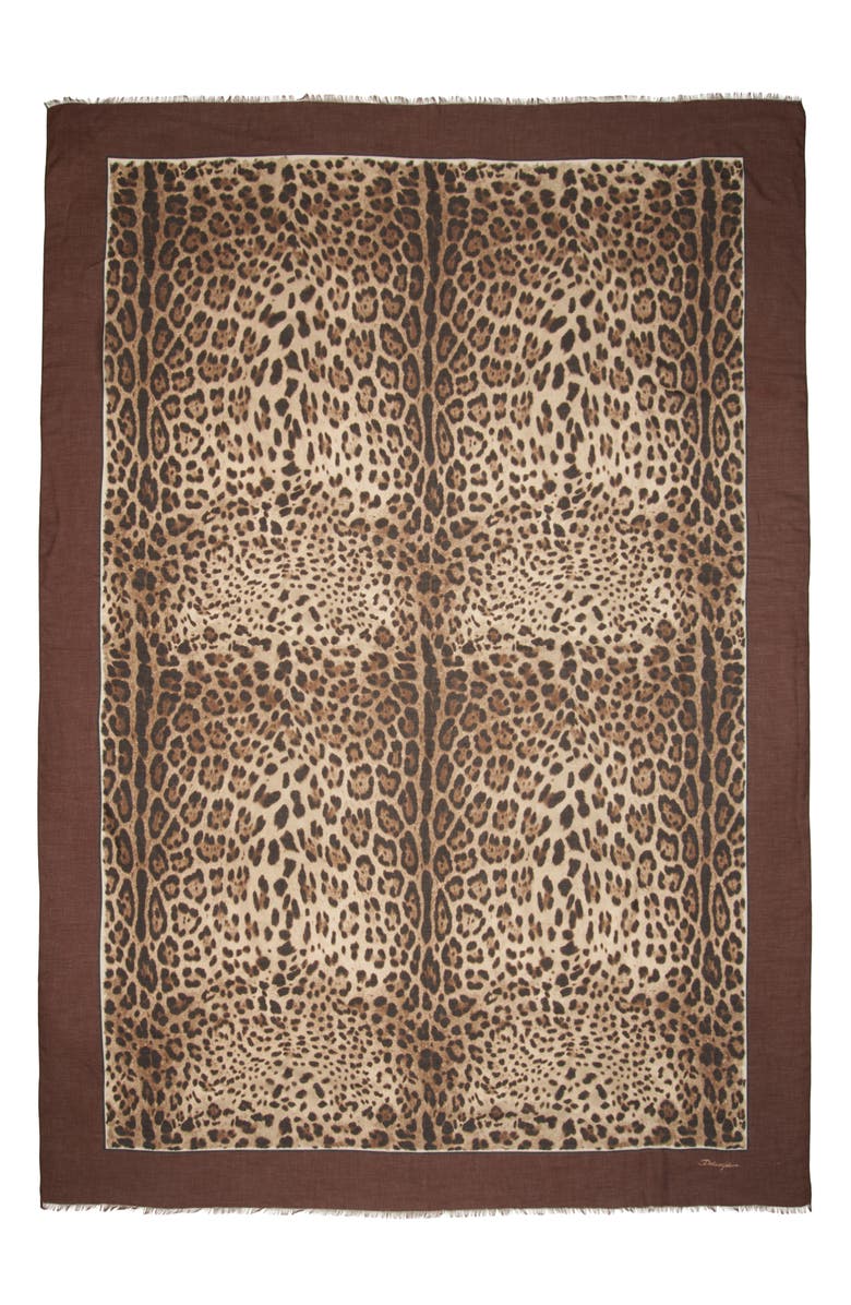 Dolce&Gabbana Leopard Print Signature Border Scarf, Main, color, Light Brown Print