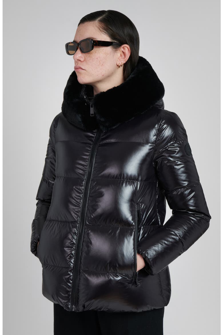 Water Resistant Nylon Down Puffer Coat with Faux Fur Trim, Alternate, color, BLACK
