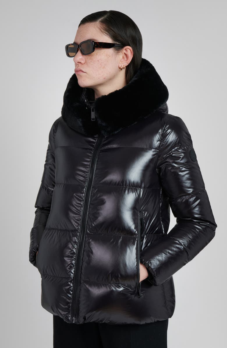 The Recycled Planet Company Water Resistant Nylon Down Puffer Coat with Faux Fur Trim, Alternate, color, Black