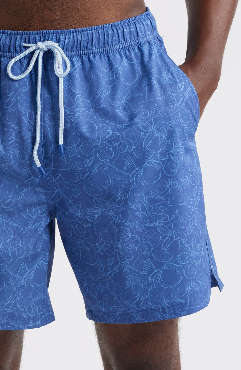 Peter Millar Palmoa Fruit & Bird Print Swim Trunks, Alternate, color, Ocean Blue