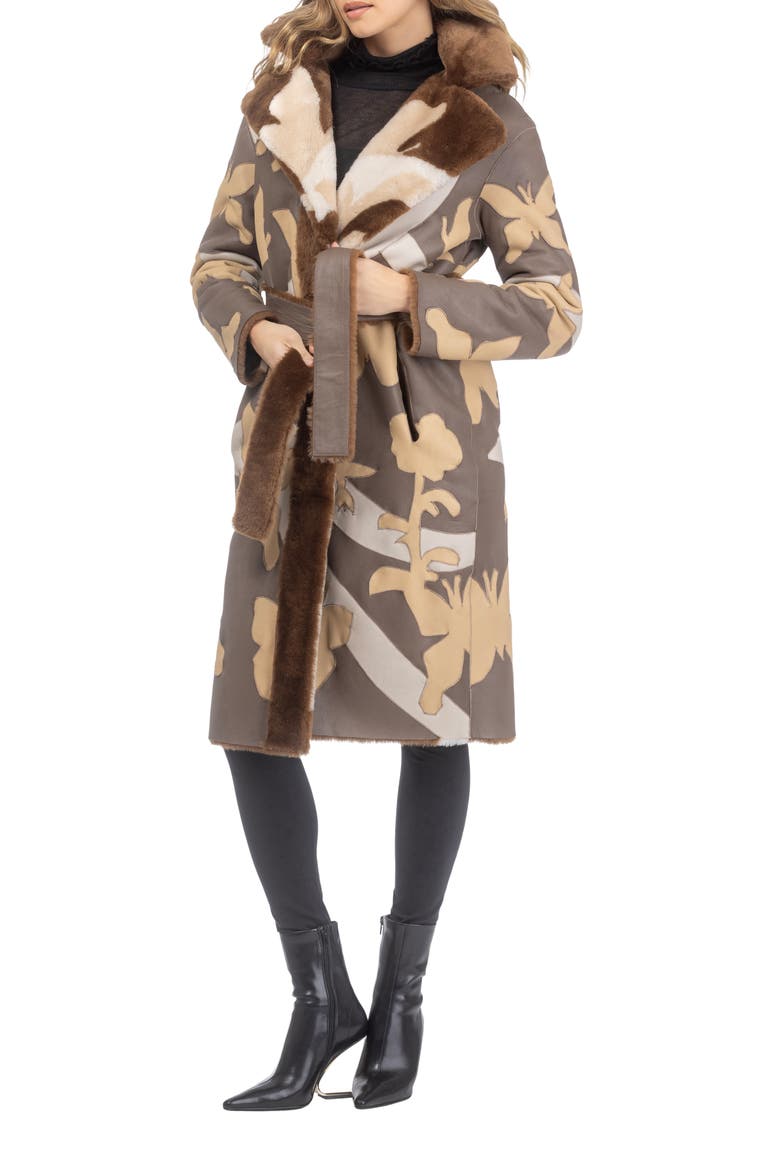 Reversible Genuine Shearling Coat with Butterfly Intarsia, Belt, Alternate, color, Chestnut/Palomino/Cream