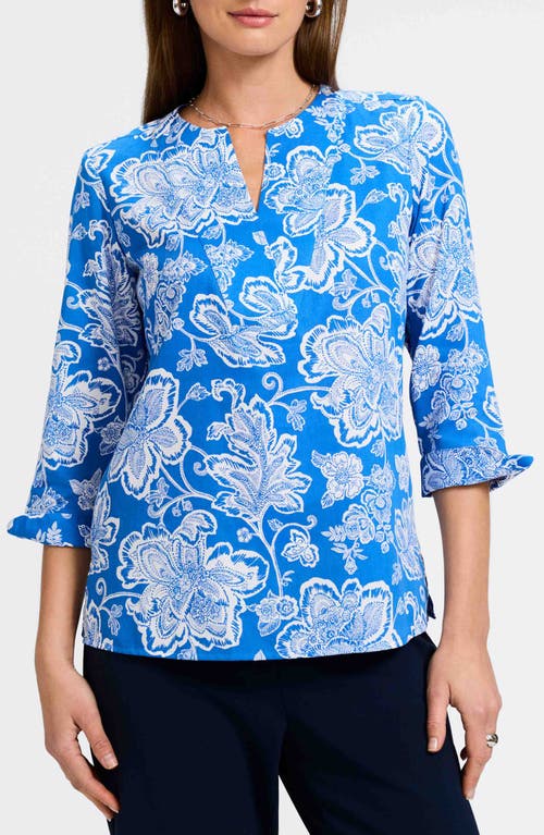 Foxcroft Vena Floral Split Neck Cotton Shirt In Cobalt Blue