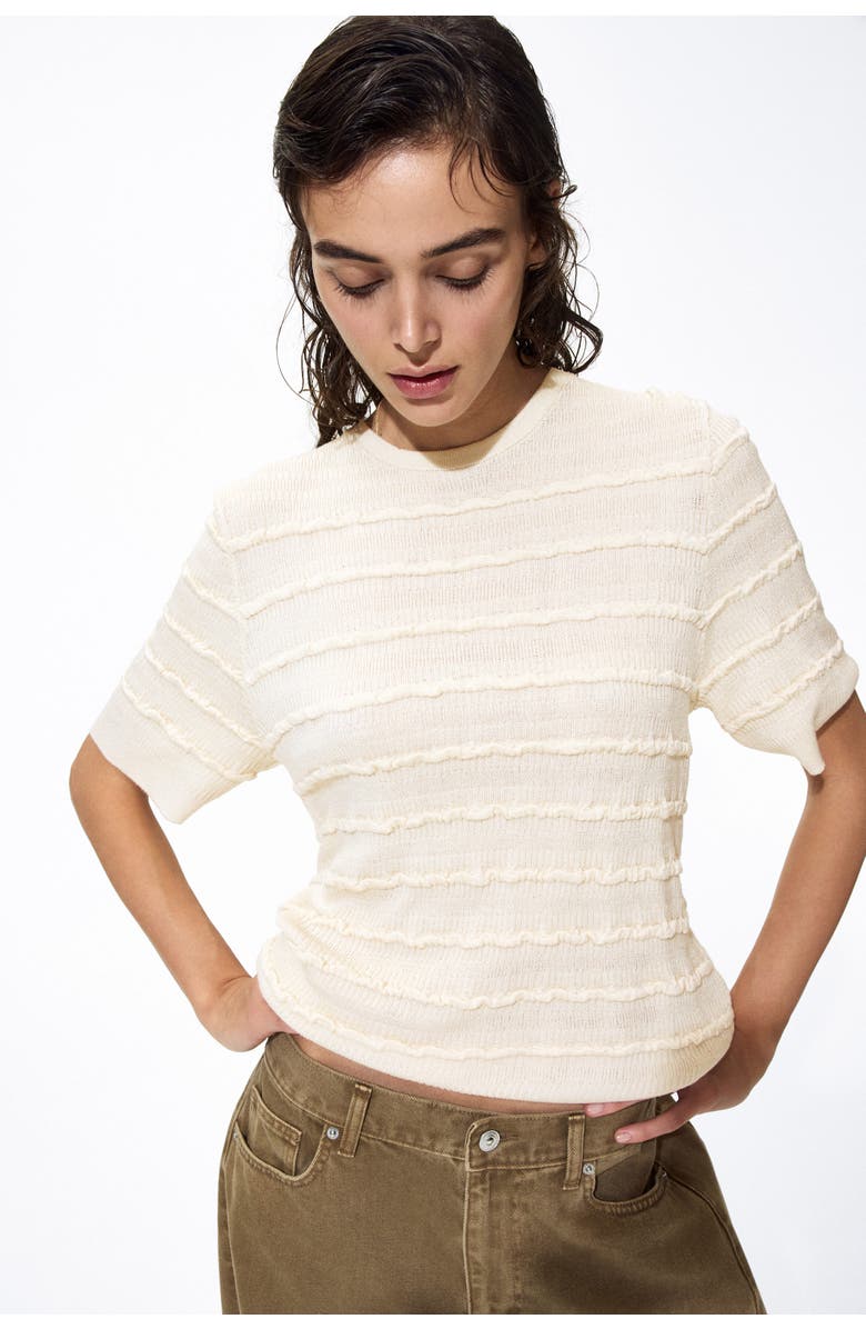 H&M Frill-trimmed Knitted Top, Alternate, color, Cream