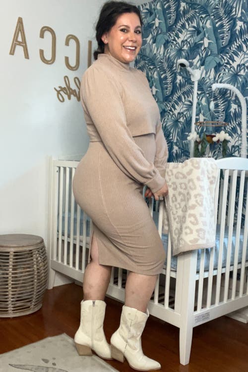 Pinkblush Rib Knit Mock Neck Mock Neck Nursing Dress In Brown