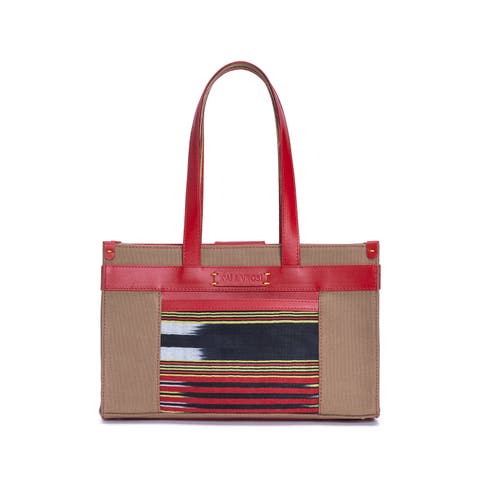 Midi Leather & Canvas Tote Bag with Pockets