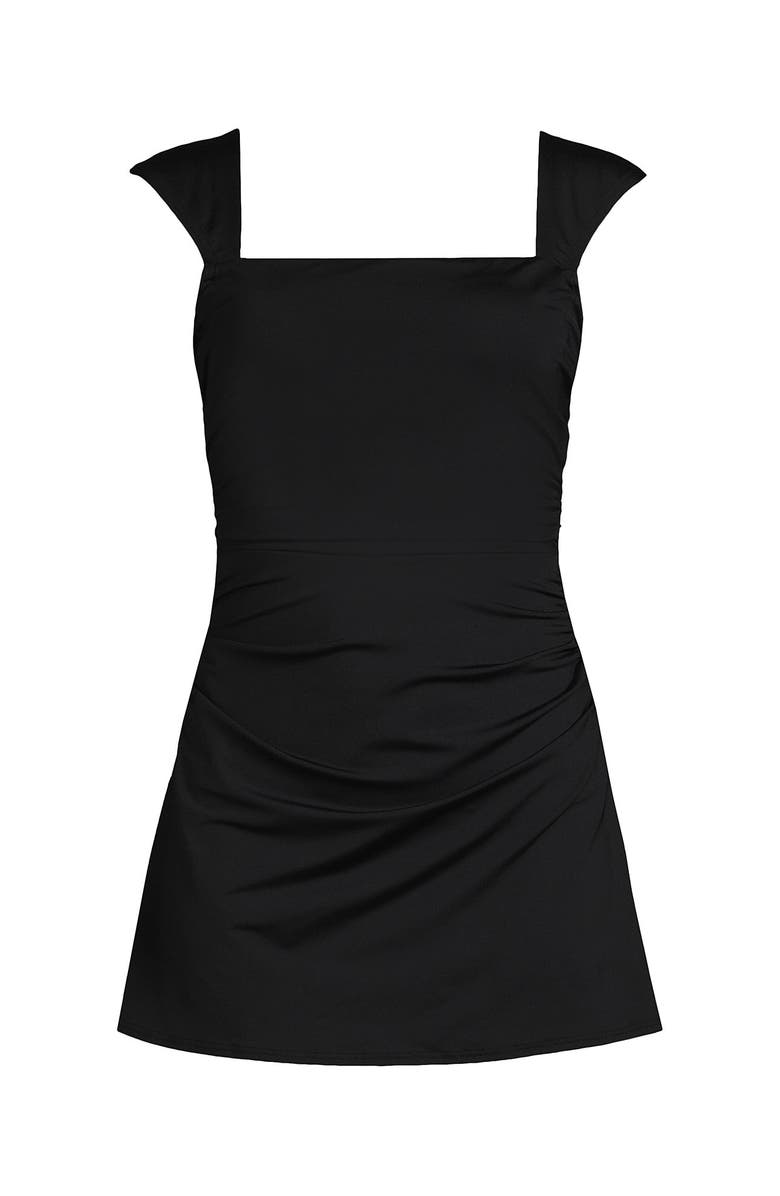 Lands' End Chlorine Resistant Square Neck Ruched Swim Dress One Piece Swimsuit, Alternate, color, Black