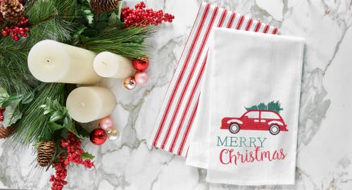 C & F Home C&f Home Holiday "merry Christmas" Sentiment Featuring Red Car With Tree Cotton Flour Sack  Kitchen  In White