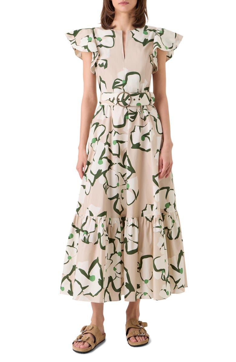 Akris punto Papercut Floral Print Belted Cotton Dress, Main, color, Beige-Cream-Olive