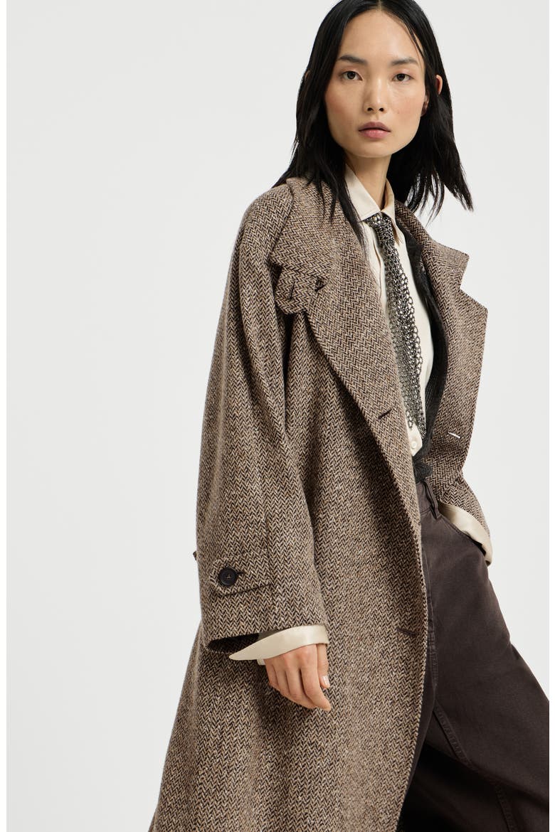 Sparkling virgin wool chevron belted coat with monili, Alternate, color, Light Brown