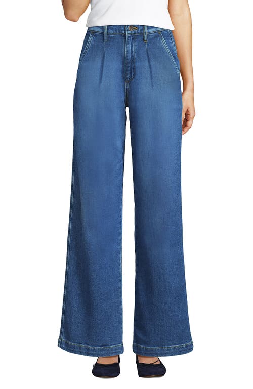 Lands' End High Rise Soft Denim Pleated Wide Leg Trousers In Indigo Tide Blue