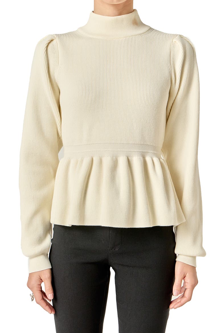 Mock Neck Peplum Rib Sweater, Alternate, color, OFF WHITE