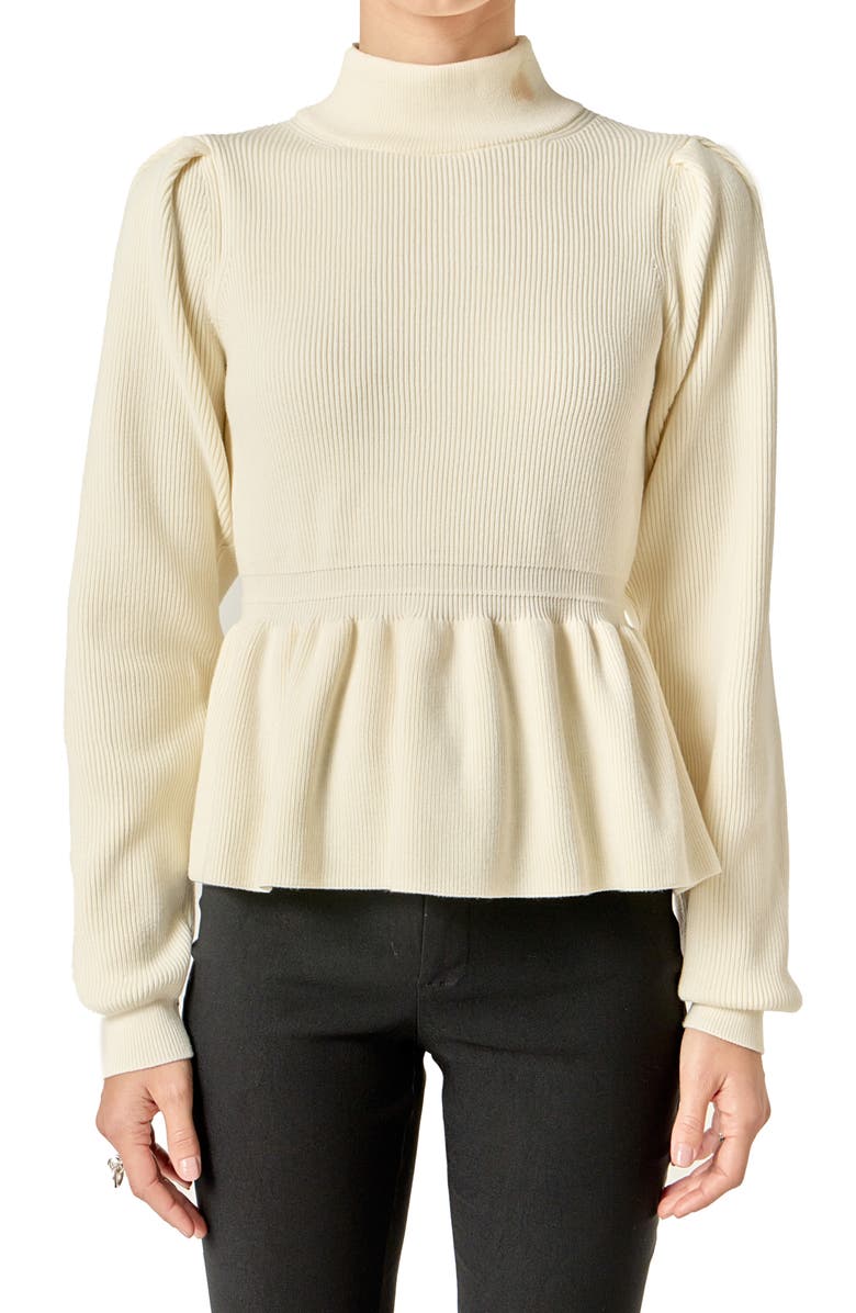 English Factory Mock Neck Peplum Rib Sweater, Alternate, color, Off White