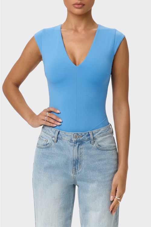 Popilush Shapewear V-neck Cap Sleeve Tummy Control Bodysuit In Baby Blue
