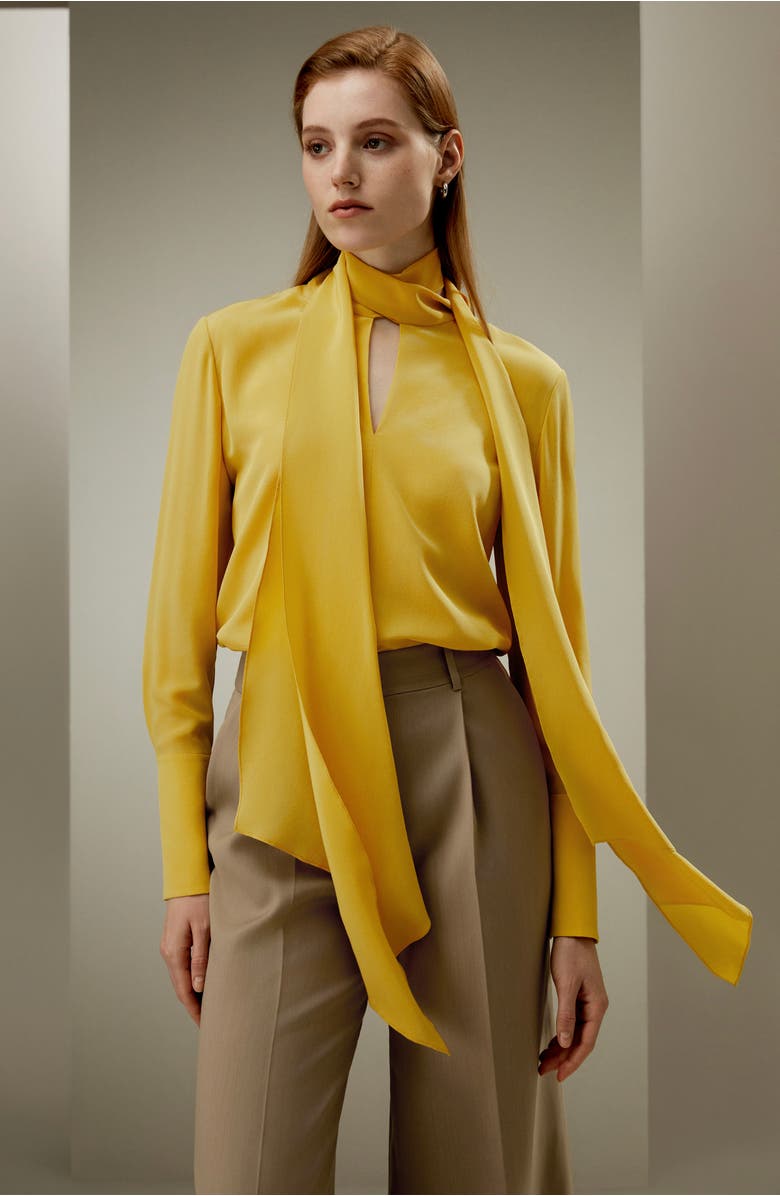 Lilysilk Flowing Draped Tie-Neck Silk Blouse, Alternate, color, Ginger