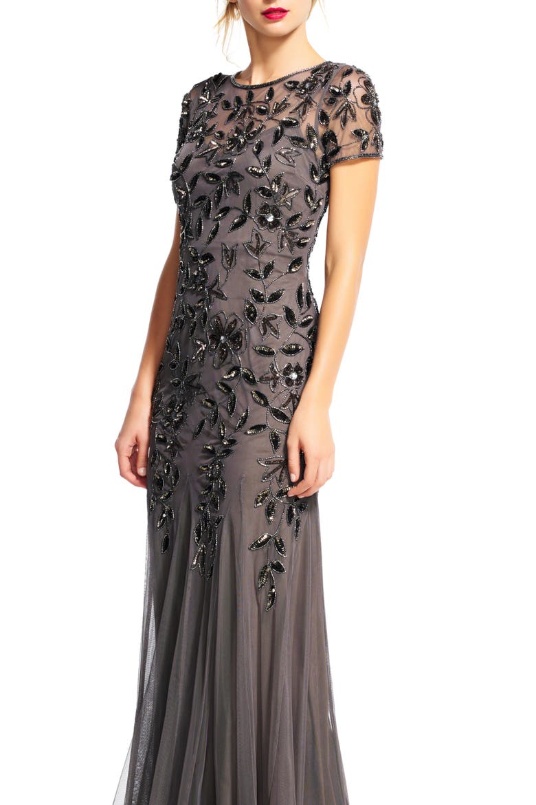 Floral Embroidered Beaded Trumpet Gown, Alternate, color, LEAD