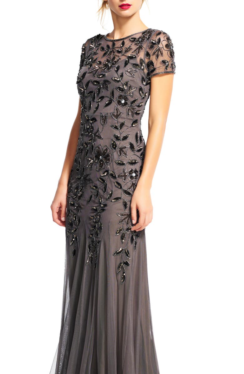 Adrianna Papell Floral Embroidered Beaded Trumpet Gown, Alternate, color, Lead