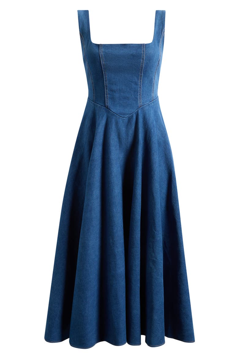 Square Neck Cotton Blend Denim Midi Dress, Main, color, LIGHT BLUE