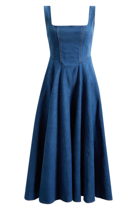 Square Neck Cotton Blend Denim Midi Dress