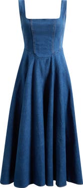 Odd Muse Square Neck Cotton Blend Denim Midi Dress