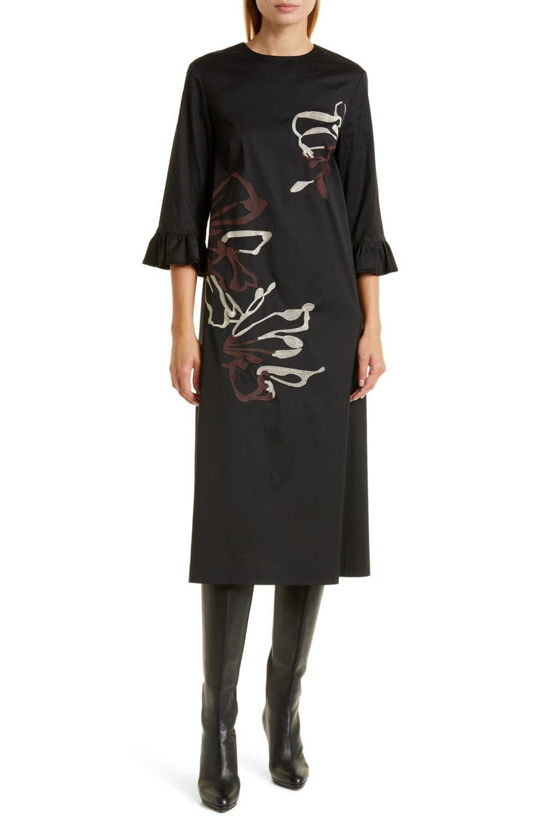Floral Embroidered Midi Dress, Main, color, BLACK/ BISCOTTI/ MAHOGANY