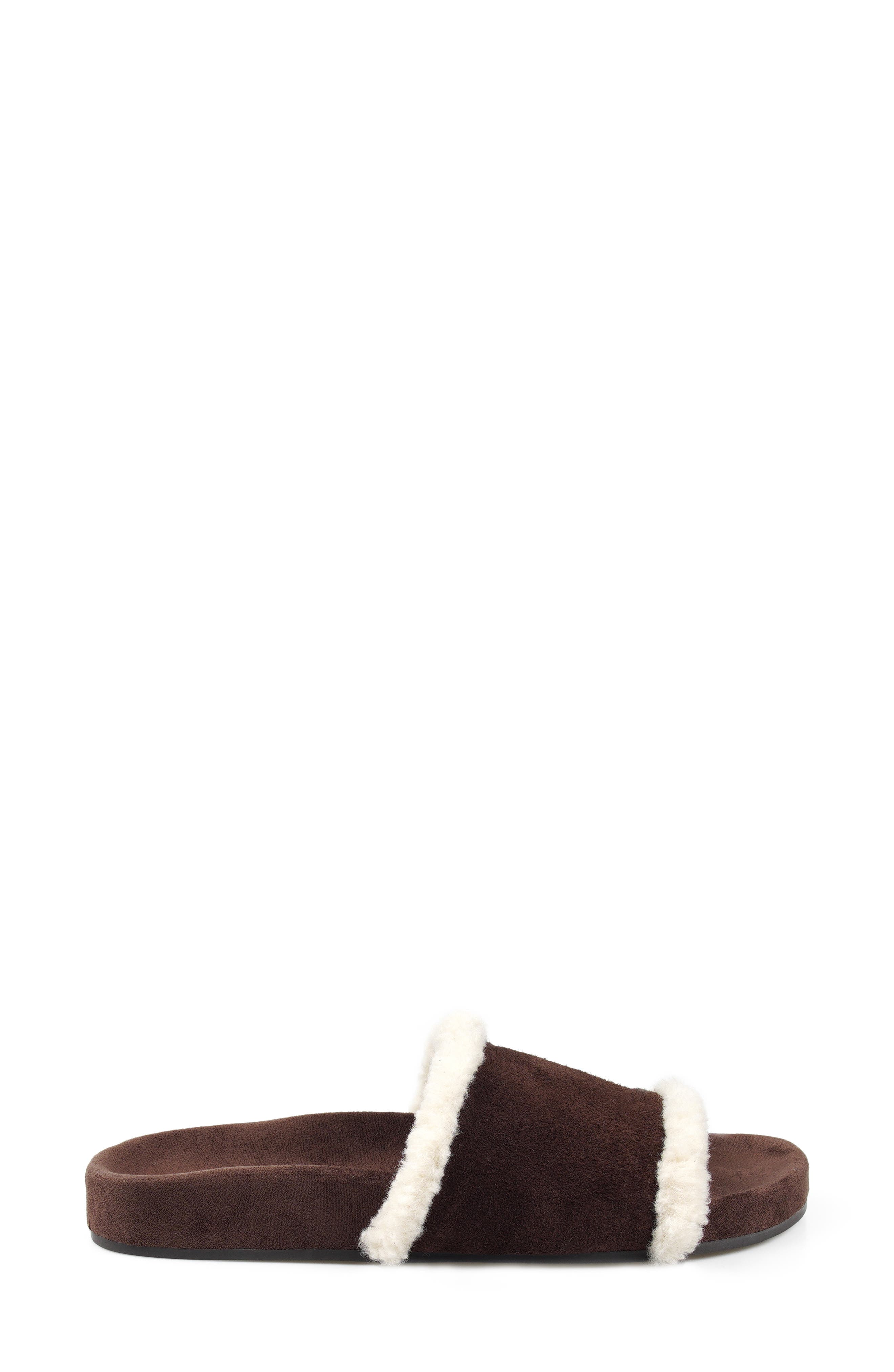Tawney Faux Fur Trim Slide Sandal, Alternate, color, BROWN SUEDE