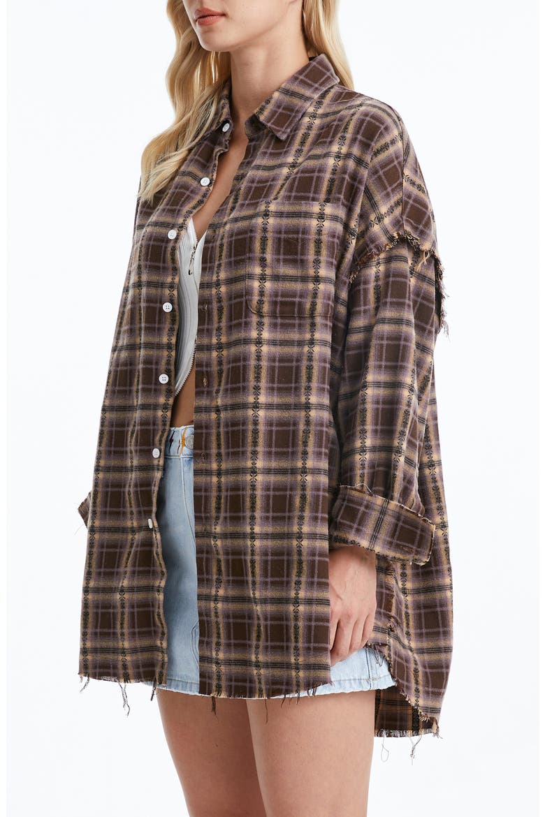 Plaid Fray Oversize Shirt, Alternate, color, BROWN/ KHAKI PLAID