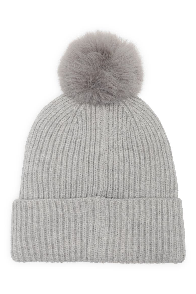 Studded Faux Fur Pom Beanie, Alternate, color, LT GREY