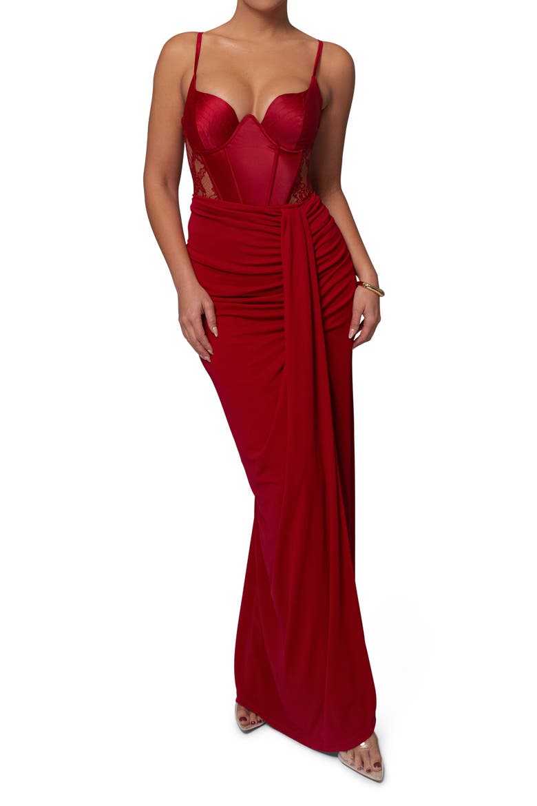 Incomparable Lace Inset Satin Bodysuit, Alternate, color, RED