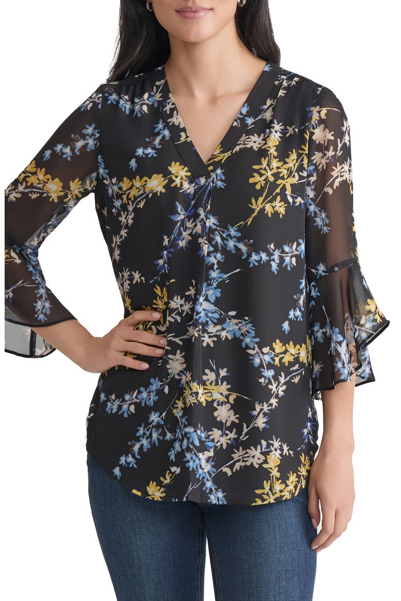 Floral Flutter Sleeve Top, Main, color, JONES BLACK MULTI
