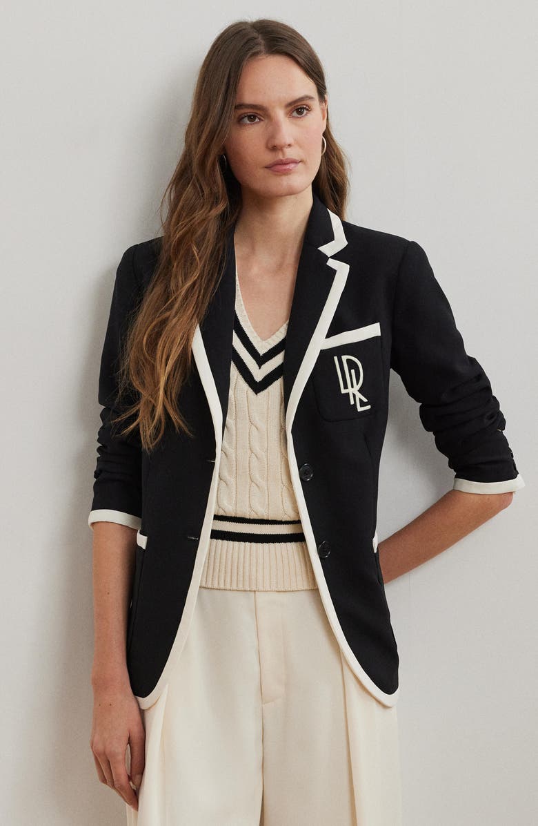 Lauren Ralph Lauren Two-Tone Georgette Blazer, Alternate, color, Black/ Mascarpone Cream
