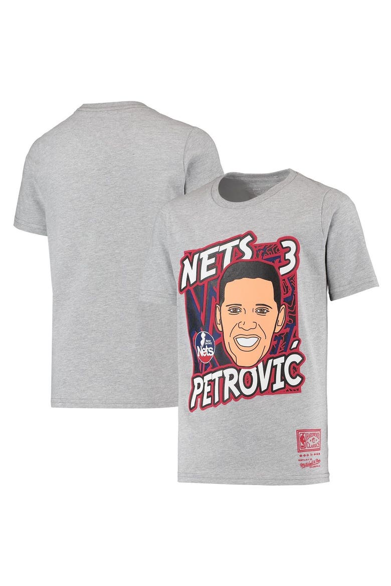 Youth Mitchell & Ness Drazen Petrovic Heathered Gray New Jersey Nets Hardwood Classics King of the Court Player T-Shirt, Main, color, Heather Gray