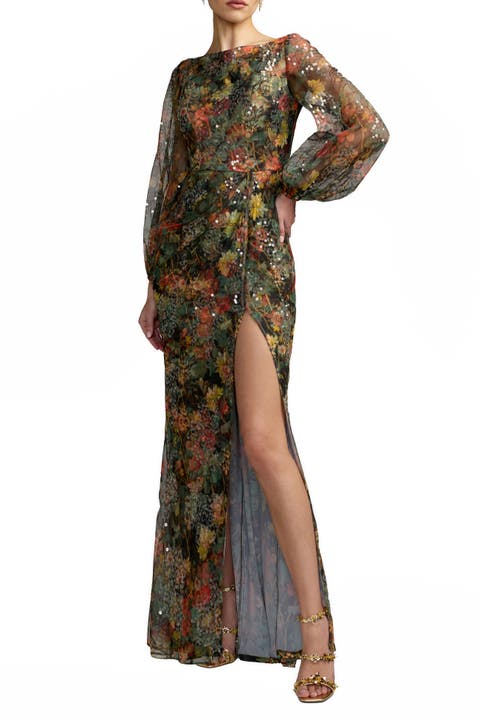 Floral Print Sequined Puff Sleeve Gown